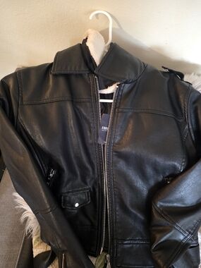 Unisex Black Faux Leather Jacket with Shearling Collar